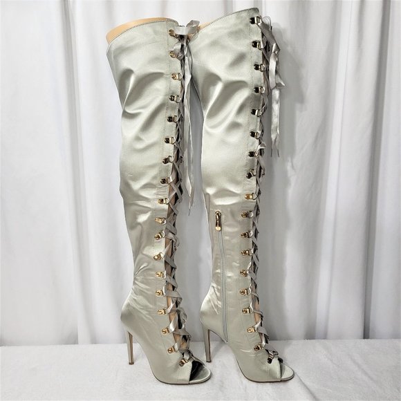 Cape Robbin Gray Lace-Up Peep Toe 4.5" Stiletto Thigh High Boots - Picture 3 of 8